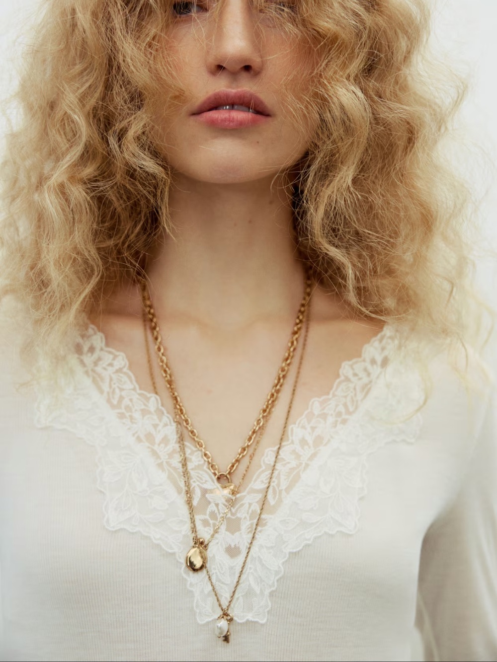 Ivory White Lace-Trim V-Neck Long Sleeve Top